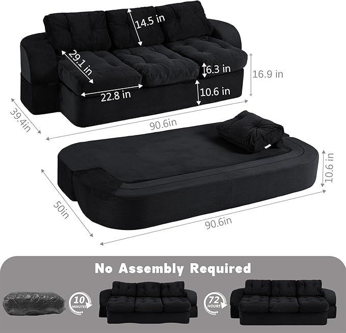 from Couch to Cloud: 3-Seater Boneless Sofa Bed for Small Spaces Cozy Tufted Corduroy Sleeper for Modern Adults No Assembly Needed Ships Compressed