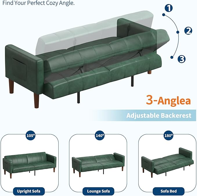 GarveeHome Futon Sofa Bed 75-Inch Modern Faux Leather Convertible Couch Mid-Century Loveseat for Small Space Living Room Bedroom Green