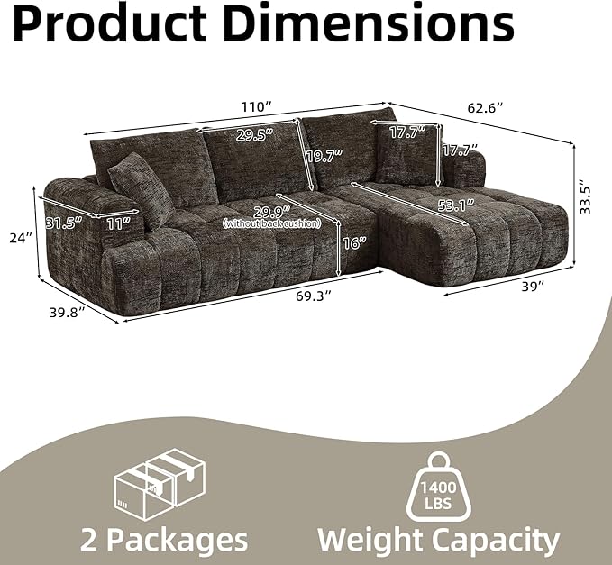 110 Inch Cloud Sectional CouchModern Upholstered Sofa with Deep SeatChenille Boneless Couches with L-Shape ChaiseSponge Compressed Couches for Living Room (Brown Right Facing Chaise)