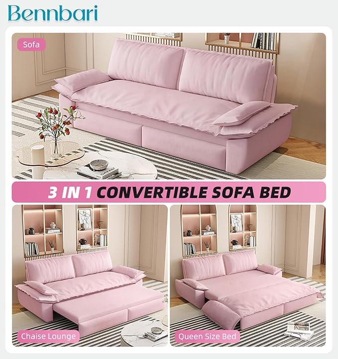 73.2 Queen Size Pull Out Sofa Bed 3-in-1 Velvet Convertible Sleeper Loveseat for Living Room Apartment Bedroom &amp Small Spaces (Pink)