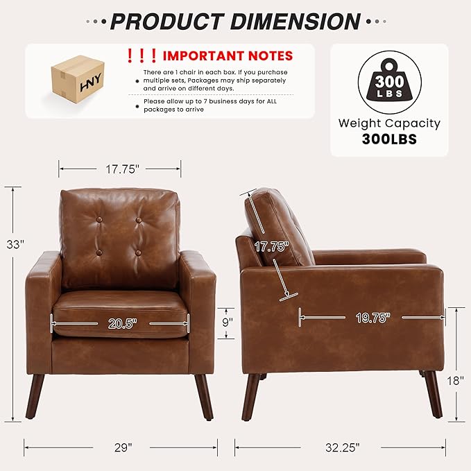 HNY Mid Century Modern Armchair Button Tufted Faux Leather Accent Chair with Armrests Upholstered Club Chair for Living Room Bedroom &amp Office Caramel Brown