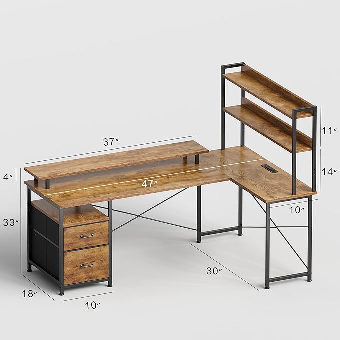L Shaped Desk with ShelvesReversible Computer Desk with LED Lights and Charging StationHome Office Corner Desk with Monitor StandBrown2
