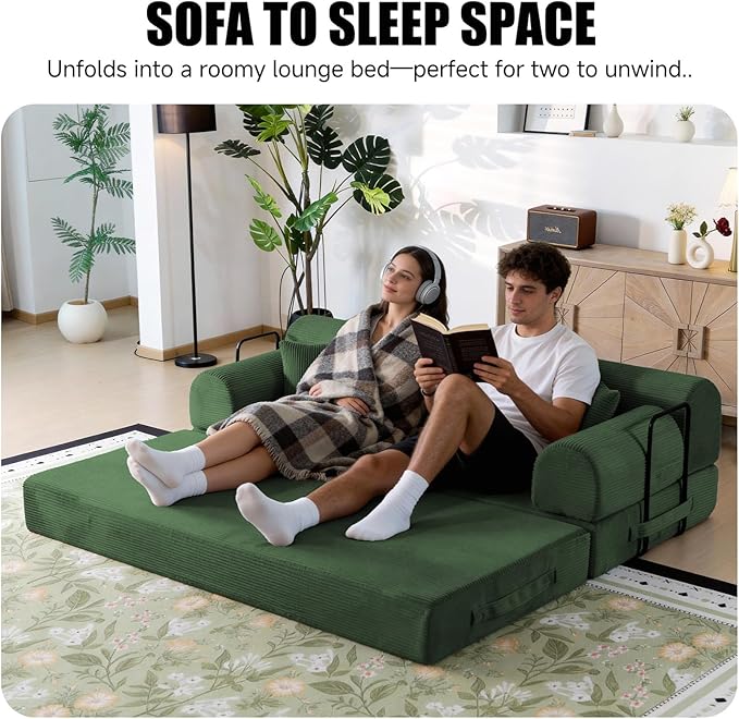 78.8 Boneless Memory Foam Couch Corduroy Convertible Floor Sofa Bed Fold-Out Sleeper Futon Loveseat Wide Armrests &amp Supportive Back 1200 lb Couch in a Box 2 Pillows Dark Green