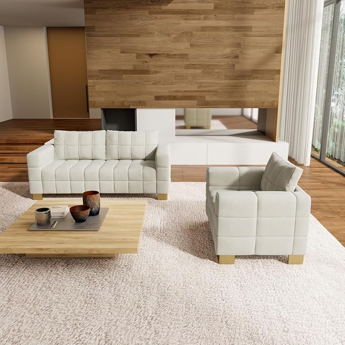 81.89 Sofa Comfy 3 Seat Sofa Tufted Chenille Upholstered Sofa Couch for Living Room with Gold Metal Legs and 2 Throw Pillows (BAIGE+1.5S)