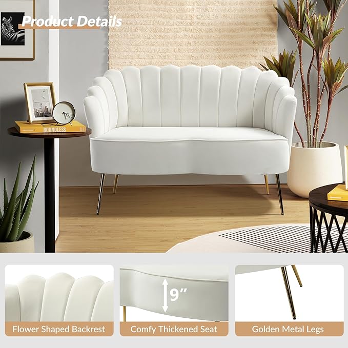 HULALA HOME Modern Velvet Loveseat Sofa with Flower Shaped Back Comfy Upholstered 2-Seater Sofa with Gold Metal Legs Small Love Seat Accent Couch for Living Bedroom Leisure Areas Ivory