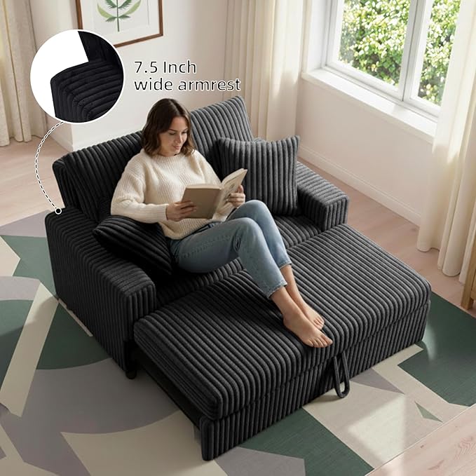 3 in 1 Convertible Sofa Bed52.8 Pull Out Couch with 2 Pillows and Side PocketsModern Corduroy Fabric Sleeper Loveseat with Adjustable Backrest for Living Room Bedroom Apartment (Black Corduroy)