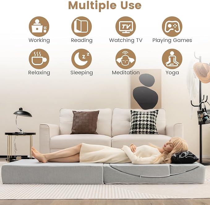 Giantex Convertible Folding Sofa Bed 4-in-1 Floor Futon Sleeper Chair with High-Density Foam Removable &amp Washable Linen Fabric Cover Foldable Single Couch Bed for Living Room Guest Use Road T