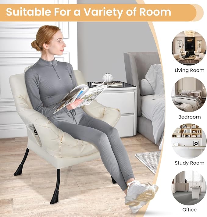 GORELAX Modern Lazy ChairUpholstered Lounge Accent Chair Single Leisure Sofa Chair with Armrests &amp Side Pocket Comfy Reading Chair for Bedroom Living Room Dorm Room (Beige)