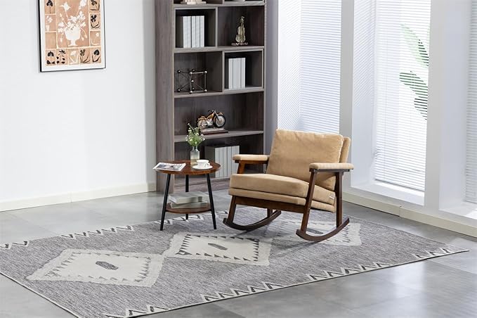 ZeHuoGe Mid Century Modern Accent Chair Rocking Chair with Wood Frame Upholstered Living Room Chairs Reading Armchair for Bedroom Sunroom (Khaki)