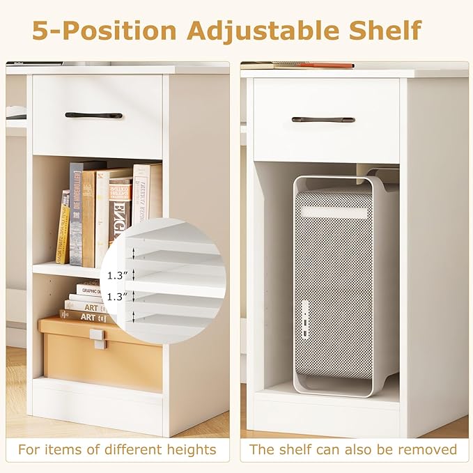 Tangkula White Desk with Drawer &amp Keyboard Tray Home Office Desk with Built-in Charge Station &amp Adjustable Shelf Study Writing Table with Hutch Modern Computer PC Workstation