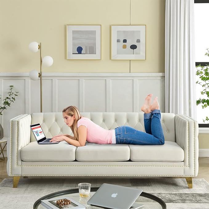 Antetek Comfy Upholstered Couches for Living Room 80-inch Modern Button Tufted 3-Seater Sofa w/Square Arm 4 Golden Metal Legs and Gold Nail Heads for Living Room Office Apartment Beige