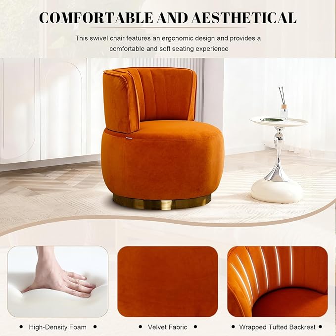 360 Degree Swivel Accent Chair Comfy Round Swivel Barrel Chair with Mental Base Upholstered Cozy Reading Armchairs Modern Lounge Sofa Chairs for Living Room Bedroom Club Office(Velvet Orange)