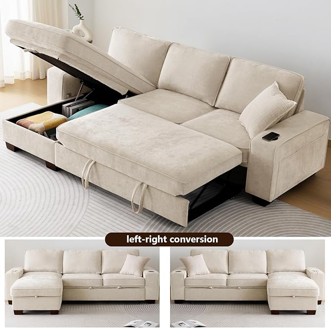 ASHOMELI 99 Convertible Sleeper Sofa BedL Shaped with Storage Chaise Pull Out Couch for Living RoomUSB and Type-CRemovable Washable Chenille Covers (Beige)
