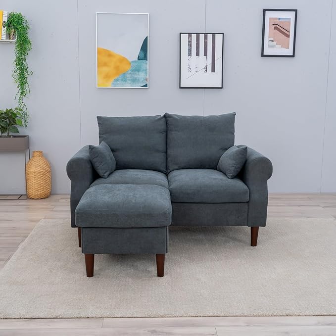 Panana Convertible Sectional Sofa CouchL-Shaped 2 or 3-Seat Sofa Sectional with Reversible Ottoman for Small Living Room Apartment (Gray Linen Fabric 2 Seater with Ottoman - Scroll arms)