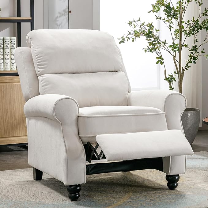 Push Back Recliner Chair Fabric Armchair Overstuffed Pushback Recliner Heavy Duty Single Sofa Chair with Padded Seat Solid Wood Legs for Living Room (White)