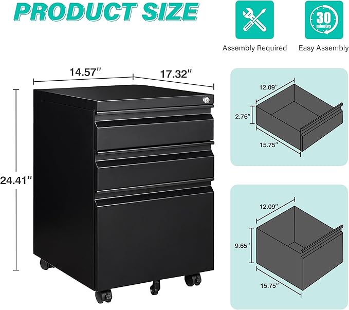 3 Drawer File Cabinet with LockUnder Desk File Cabinet with WheelsBlack Rolling Filing CabinetsThree Drawer Metal Filing Cabinet for Home OfficeFit A4/Letter/Legal File- Assembly Required