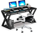 IPKIG Glass Computer Desk and Chair Set Foldable Office Chair and Glass Top Computer Desk with Carbon Steel Frame Home Office Desks Computer Table Study Writing Desk Workstation for Living Room