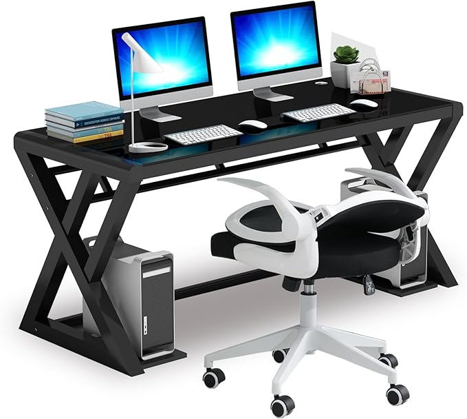 IPKIG Glass Computer Desk and Chair Set Foldable Office Chair and Glass Top Computer Desk with Carbon Steel Frame Home Office Desks Computer Table Study Writing Desk Workstation for Living Room