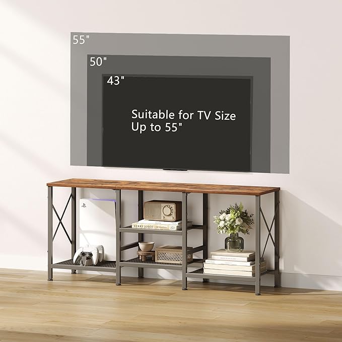 TV Stand for 55 Inch TV Entertainment Center with 3-Tier Open Shelves TV Console Table for Living Room Bedroom Rustic Brown