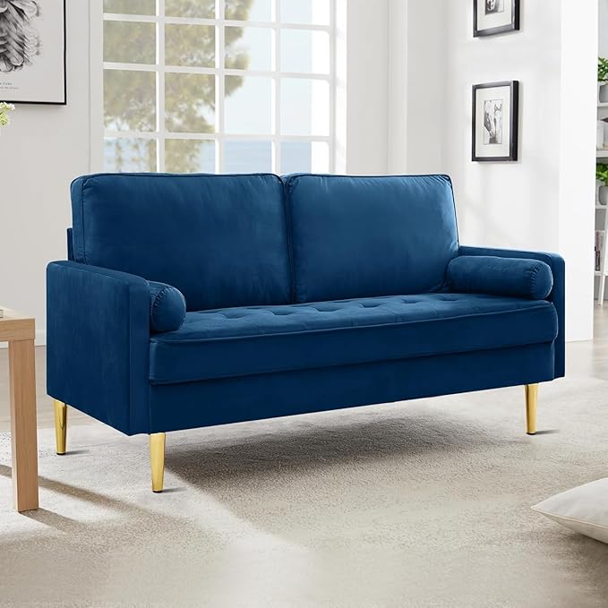 Modern Navy Tufted Velvet Loveseat Futon Club Two Seater Sofa Compact for Living Room Studio Office Dormitory Breathable Spring Small Sofas for Entertainment Room Suitable Bedroom (67 Navy)
