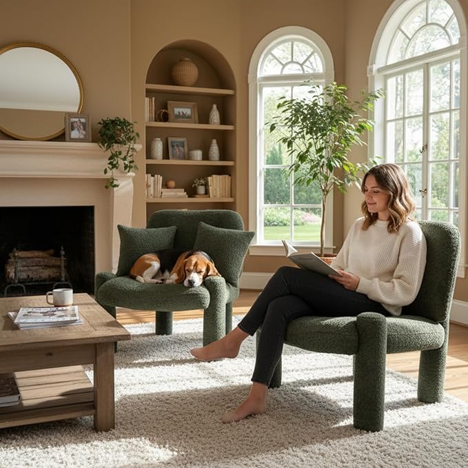 HNY Modern Accent Living Room Chairs Set of 2 Green Boucle Reading Chair Armless Lounge Chair Comfy Barrel Chair Sherpa Cloud Chair with Wood Frame for Living Room Small Spaces Bedroom Apartment