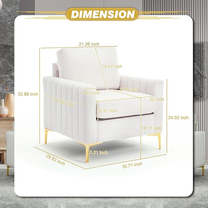 Modern Velvet Accent Chair Comfy Living Room Armchair with Thick Cushion Upholstered Reading Armchair Mid Century Sofa Chair with Gold Legs Side Chair for Living Room Bedroom Office Club Beige
