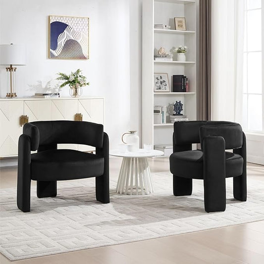 Set of 2 Accent Chairs with Arms Upholstered Barrel Armchair with Curved Back Comfy Single Side Chair for Reading Living Room Home Office Black