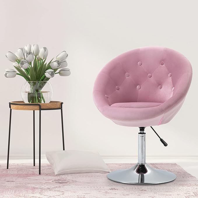 HOMCOM Modern Makeup Vanity Chair Round Tufted Swivel Accent Chair with Chrome Frame Height Adjustable for Living Room Bedroom Pink