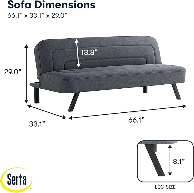 Serta Fairwood 66.1 Convertible Futon Sofa Short Twin Size Modern Boho Dream Coil Comfort Fingerguard Pinch Point Protection Soft Woven Polyester Fabric Charcoal