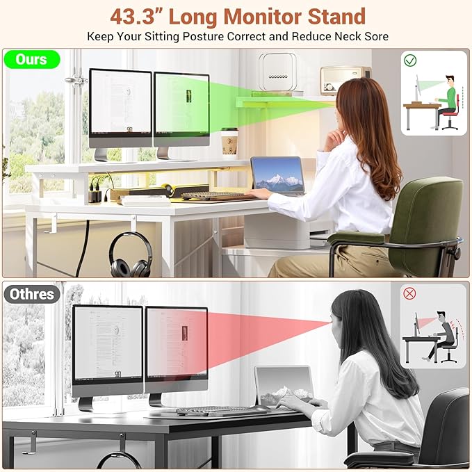 Aheaplus Gaming Desk with LED Strip &amp Power Outlet 59Inch Reversible Computer Desk with Monitor Stand &amp Storage Shelves Home Office Desks with Fabric File Drawer Gamer Table PC Desk White