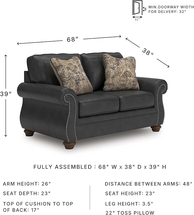 Signature Design by Ashley Chatterton Rustic Faux Leather Loveseat with Nailhead Trim and 2 Throw Pillows Reinforced Frame for Added Stability Reversible Seat Cushions Turned Legs Dark Gray
