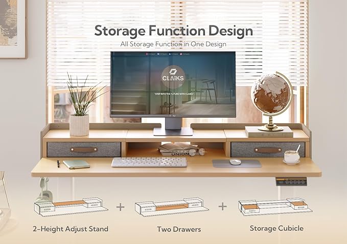 Claiks Standing Desk with Drawers Stand Up Electric Standing Desk Adjustable Height Sit Stand Desk with Storage Shelf and Splice Board 55 Inch Natural