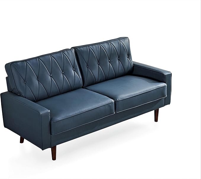 Container Furniture Modern Style Faux Leather Sofa with Elegant Round Tapered Legs and Button Tufted Backrest Perfect for Living Room Bedroom or Home Office 69.3’’ Wide Blue
