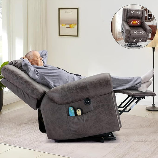 Electric Power Lift Recliner Chairs with Massage and Heat for Elderly Overstuffed Wide Ergonomic Lounge Chair Classic Single Sofa for Living Room with 2 Remote Control/USB Ports(Grey)