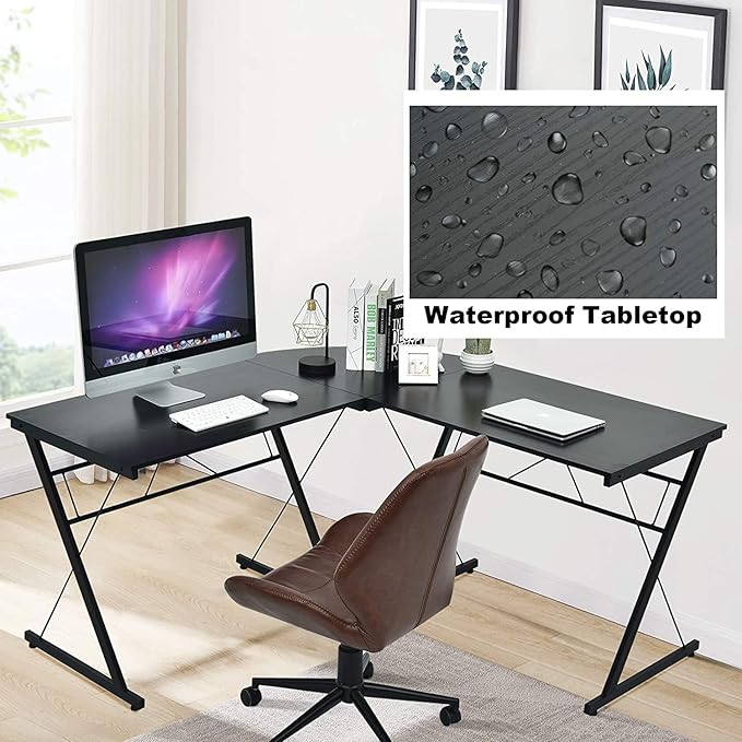 GRAFFY L-Shaped Computer Desk - Gaming Corner Workstation with Large Monitor Stand Round Corner Multifunctional Home Office Desk (Black)