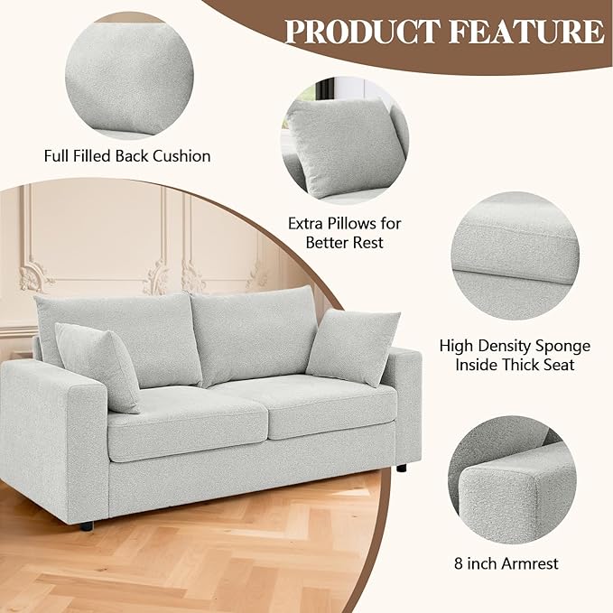 71 Loveseat Sofa Upholstered Love Seat with Deep Cushions &amp Removable Pillows Modern Polyester Couch for Bedroom Living Room &amp Office (Beige)