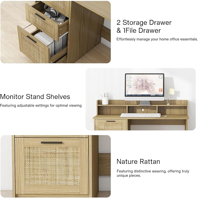 Computer Desk with Rattan Drawers and Hutch - 47 Inch Home Office Boho Writing Desk with Storage File Drawer &amp Monitor Stand Modern Wood Computer Table