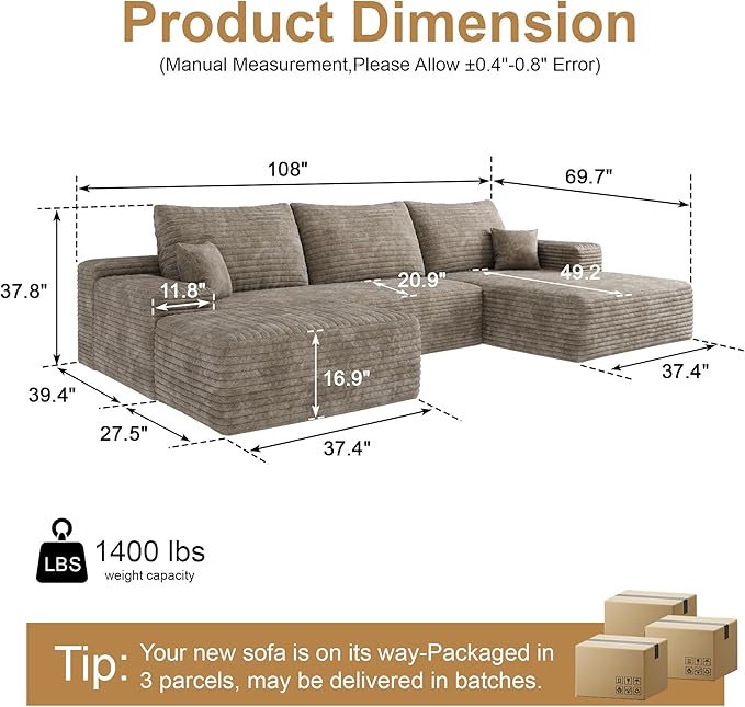 108 Sectional Couches for Living Room Cloud Couch Sofa with L-Shape Upholstered Boneless Couchs Modern Modular Sectional Couch with Chaise (Camel 108 Right Facing Chaise+2Seaters+1Ottoman)