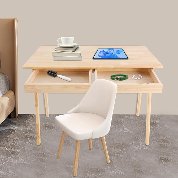 Modern Computer Desk with 2 Drawers Solid Wood Writing Desk for Home Office 39.3 Large Desktop 330 lbs Load Capacity Ergonomic Study Table (Log Color)