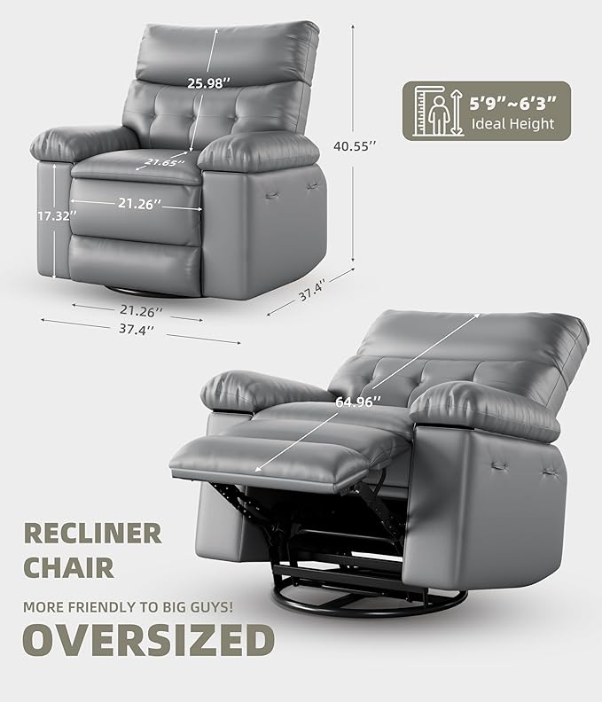 Oversized Swivel Recliner Chair for Adults 400LB Capacity Manual Recliner with 1.5X Plush Cushion 3-Position PU Leather Lounge &amp Nursery Recliner for Living Room &amp Bedroom