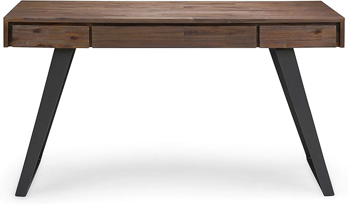 SIMPLIHOME Lowry Desk - 54 Inch Wide Solid Acacia Wood and Metal Writing Desk in Rustic Natural Aged Brown Modern Industrial Home Office Computer Table with 2 Drawers and Flip-Down Keyboard Tray