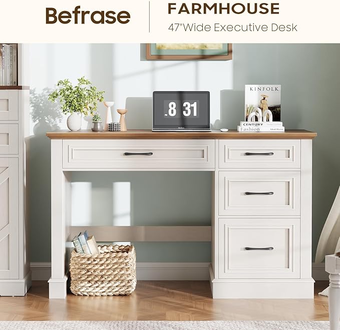 Farmhouse 47 Executive Desk with 4 Drawers Computer Desk with File Drawer Workstation for Study Home Office Writing Unique White.