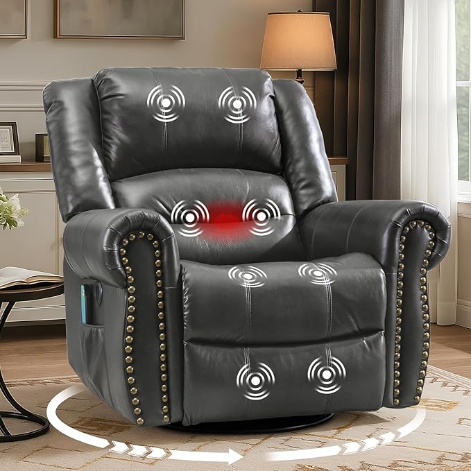 MEETWARM Oversized Massage Rocking Recliner Chair with Heat Manual Glider Swivel Rocker Recliner with High Back 360°Swivel Nursery Reclining Sofa with Remote Control/USB Port for Living Room(Gray)