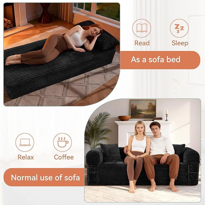 83 inch Cloud Boneless Couch for Living Room 3-Seater Sofa with Fixed-Shape Frame Single Sleeper Corduroy Sofa in A Box No Assembly Required Black