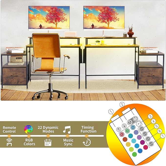 FurnitureR Computer Desk with LED Lights Monitor Stand USB Charging Port Storage Drawer Side Shelf &amp Cloth Bag 39.4-Inch Home Office Desk Workstation Rustic Brown