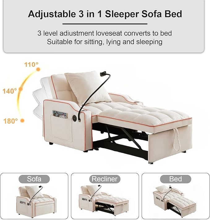 3 in 1 Convertible Sleeper Sofa Bed with Phone Holder 35'' Pull Out Sofa Bed Recliner with Adjustable Backrest Velvet Fabric Sleeper Couch Single Modern Chair for Small Space &amp RV Beige