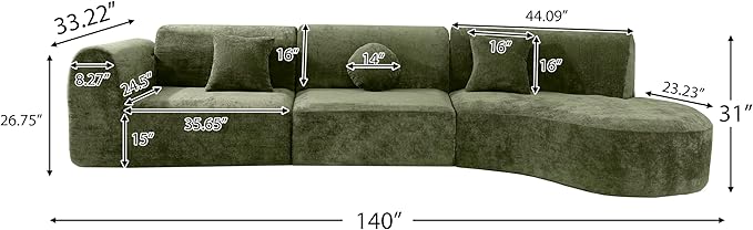 kevinplus 140'' Curved Sectional Sofa Sponge Couch with Chaise Lounge for Living Room L-Shape Modern Sectional Sofa Couch No Wood Structure &amp No Assembly 72 Hour Rebound Green