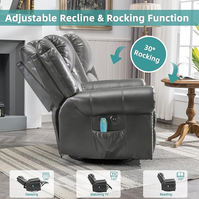 MEETWARM Oversized Massage Rocking Recliner Chair with Heat Manual Glider Swivel Rocker Recliner with High Back 360°Swivel Nursery Reclining Sofa with Remote Control/USB Port for Living Room(Gray)