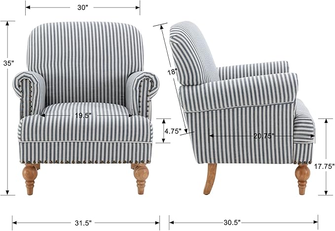 chairus Linen Accent Chair for Living Room Upholstered Mid Century Modern Single Sofa Chair with Solid Wood Legs Comfy Reading Chair Armchair for Bedroom/Office Room/Recption/Lounge Blue Stripe