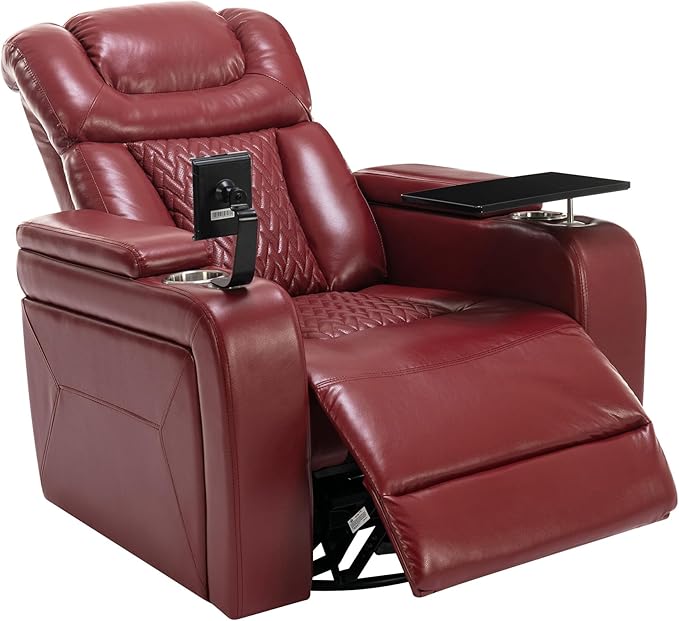 270 Degree Swivel Chair PU Leather Power Recliner Individual Seat with Comforable Backrest Tray Table Phone Holder Cup Holder USB Port Hidden Arm Storage for Living Room Home Theater Red